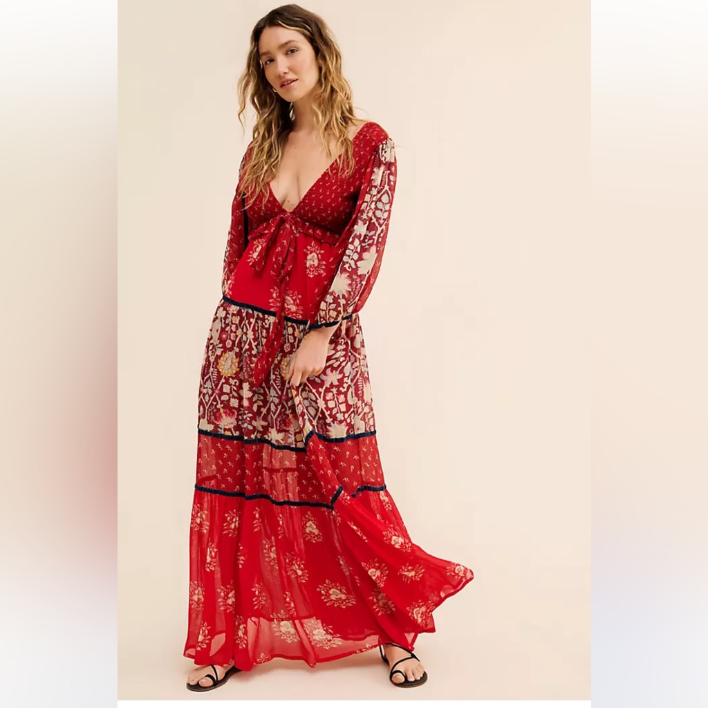 Free People Bali Laurel Tiered Plunge Maxi Dress